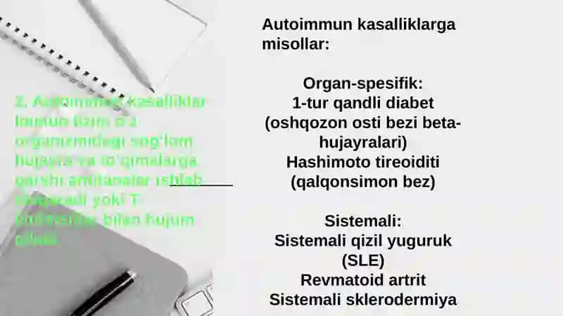 Immun tizim kasalliklari.HLA va uni kasalliklar bilan assotsiatsiyasi. Gipersezuvchanlik.Immuntolerantlik. Autoimmun kasalliklar mexanizmi. Immuntanqislik sindromi. Amiloidoz 4