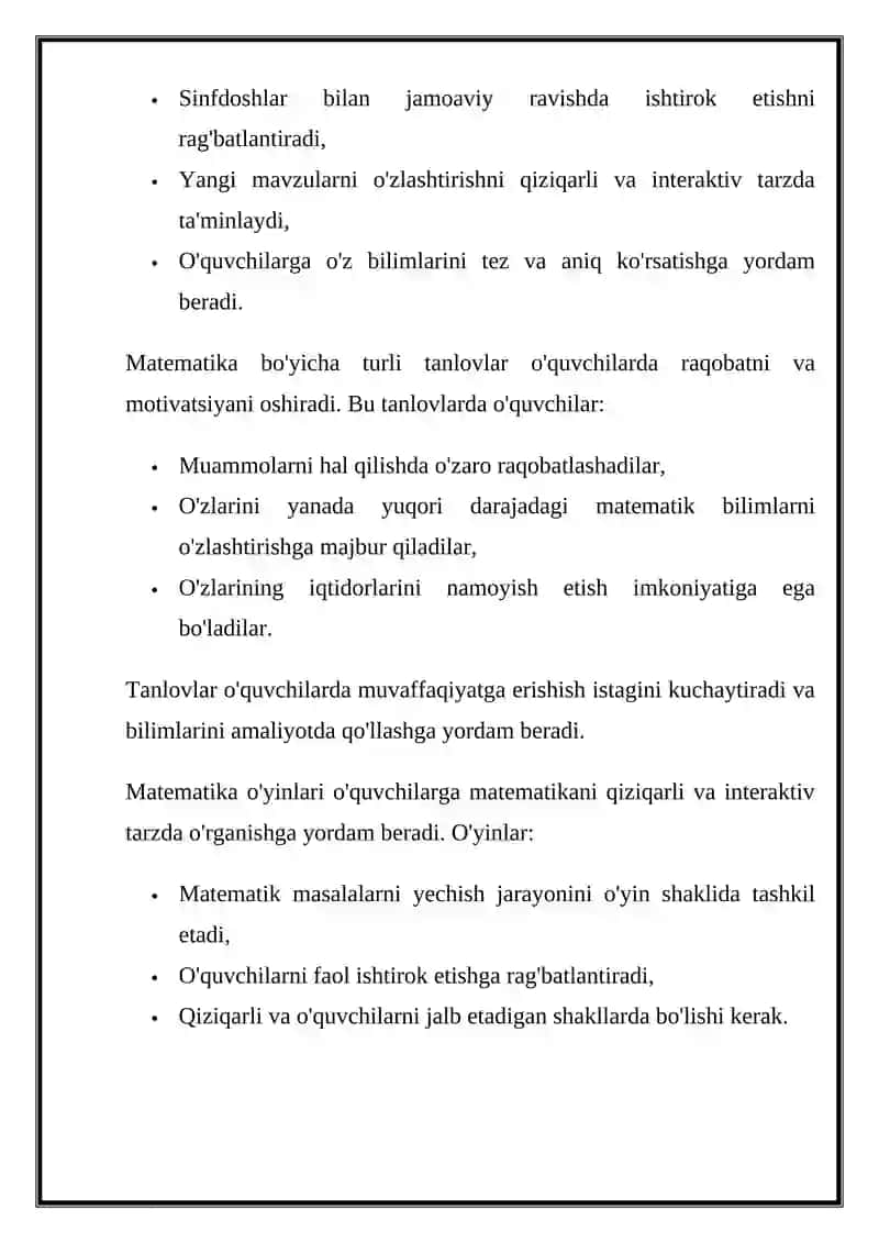Mavzu: Boshlang'ich sinflarda darsdan tashqari matematik faoliyatni tashkil qilish 4
