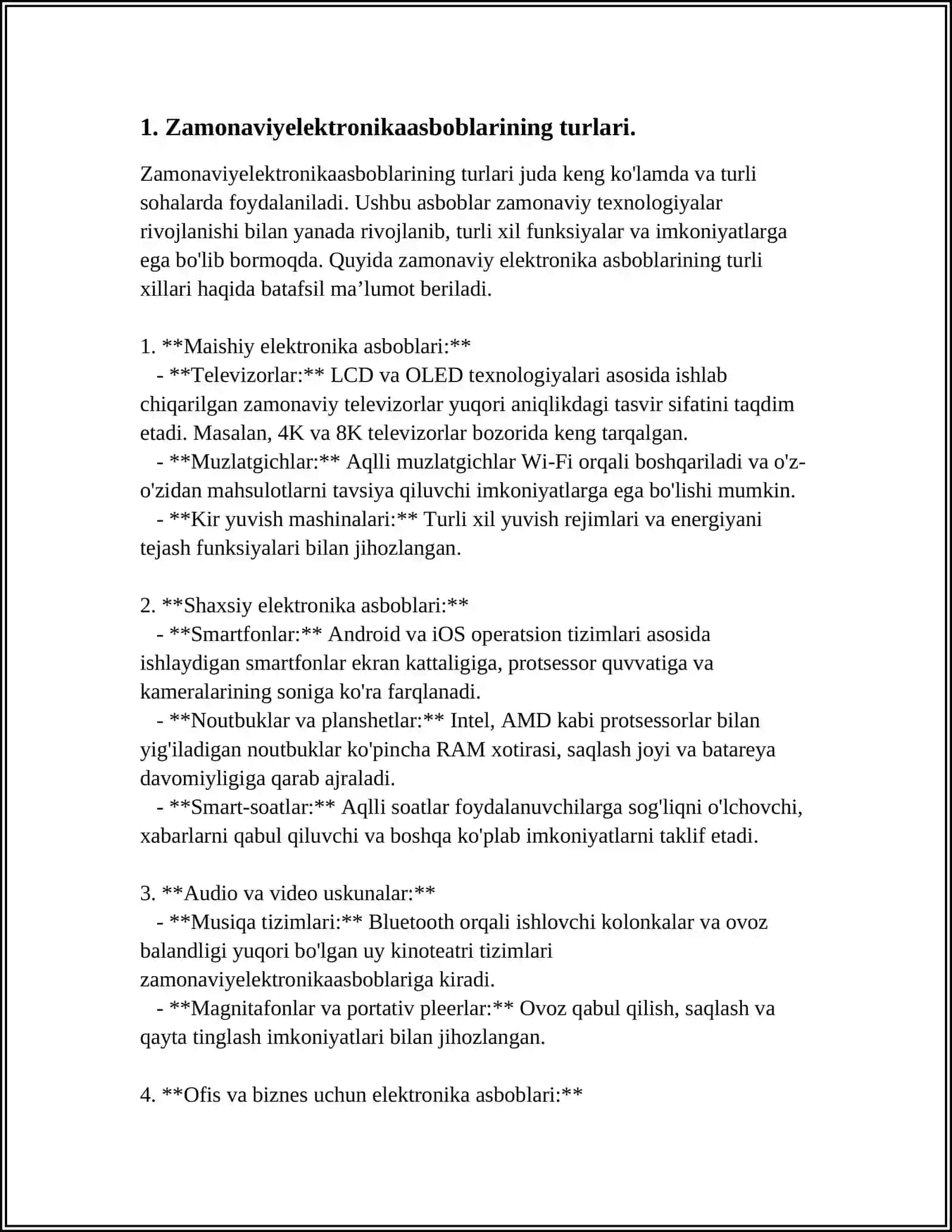 ZAMONAVIY ELEKTRONIKA ASBOBLARI VA ALOQA KABELLARI. MAYDONLI TRANZISTORLAR.BEPOLYAR TRANZISTORLAR. TOʻGʻIRLAGICH, TOK VA KUCHLANISH STABILIZATORLARI VA CHASTOTA OʻZGARTIRGICHLAR.KUCHLANISHNI STABILIZATSIYALASH. FERROREZONANS KUCHLANISH VA TOK STABILAZATORLARI.KANTOKTORLAR. SAQLAGICHALAR VA ULARNING TURLARI. MAGNITKUCHAYTIRGICHLAR 4
