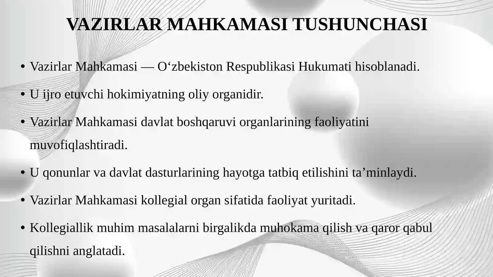 O‘zbekiston Respublikasi Vazirlar Mahkamasining hokimiyat tizimidagi o‘rni. 4