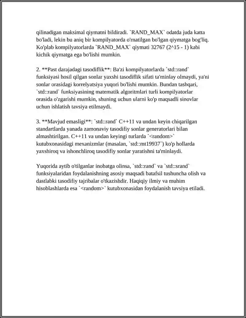 C++ DASTURIDA RANDOM SONLAR GENERATSIYASI VA STATISTIK MASALALAR YECHIMI 4