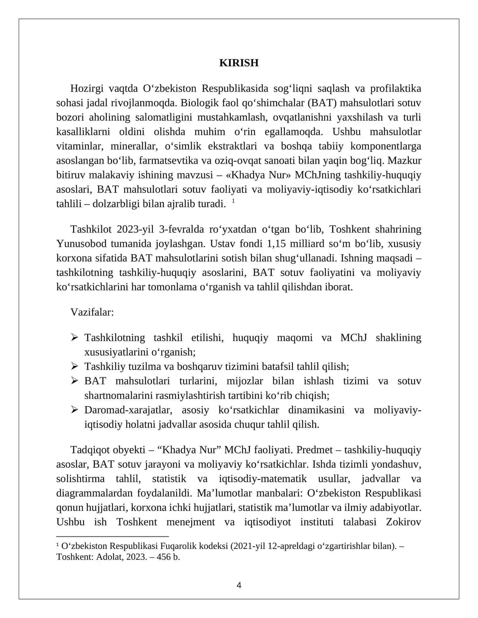 BIOLOGIK MAHSULOTLAR SOTUVI MCHJ BOʻYICHA. AMALIYOT HISOBOTI. 4