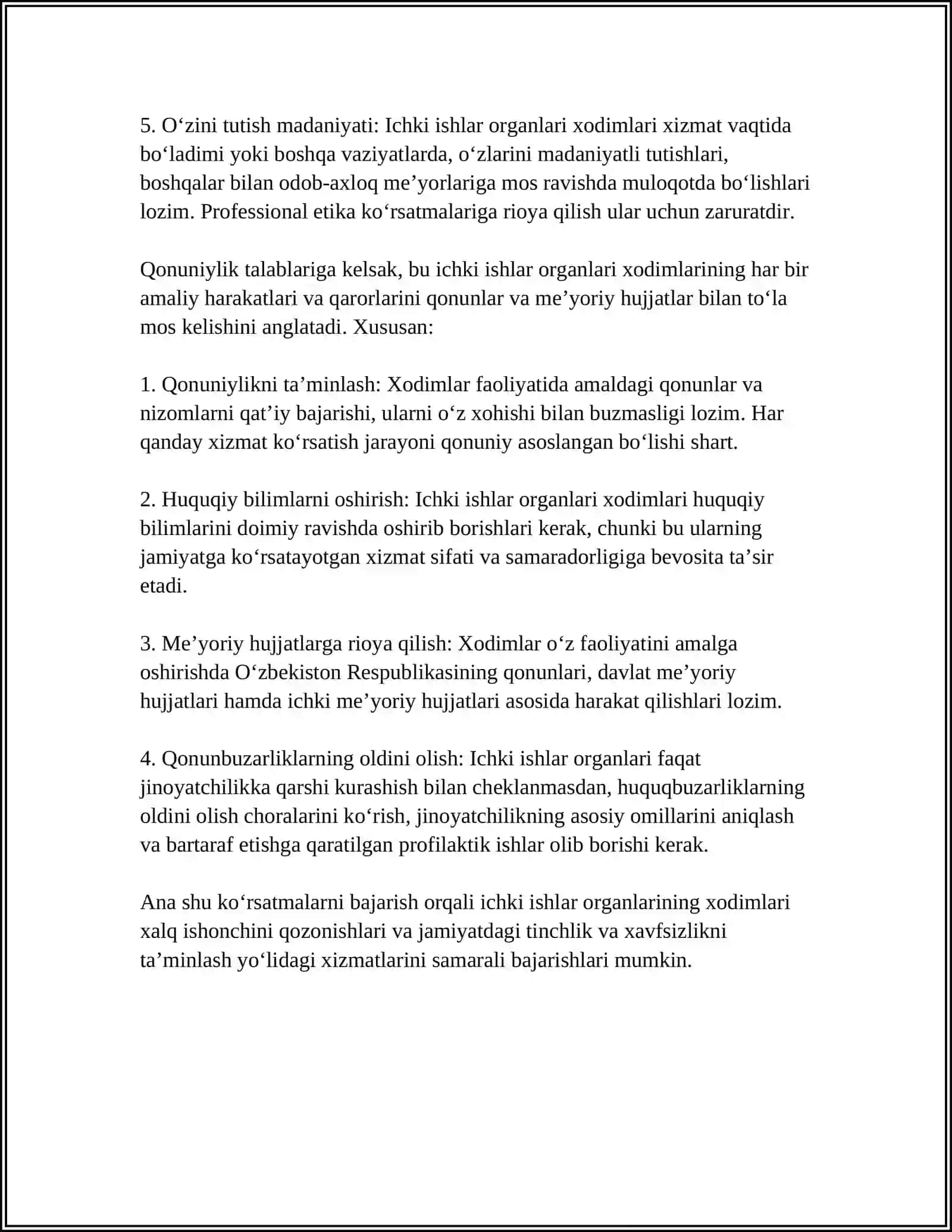 ISHKI ISHLAR ORGANLARI XODIMLARINING KASBIY ETIKASIGA TEGISHLI TALABLAR 4