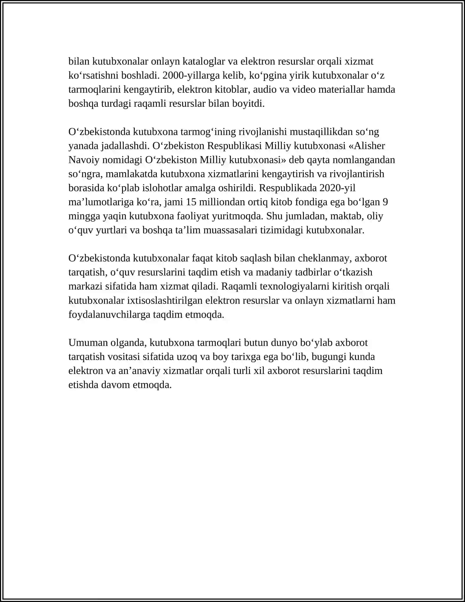 MUSTAQIL ISH Mavzu: RESPUBLIKA KUTUBXONA TARMOQLARI VA TIZIMLARI 4