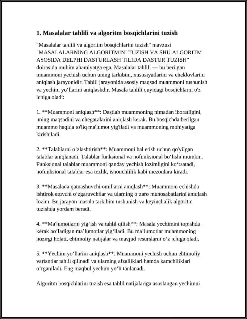MASALALARNING ALGORITMINI TUZISH VA SHU ALGORITM ASOSIDA DELPHI DASTURLASH TILIDA DASTUR TUZISH 4