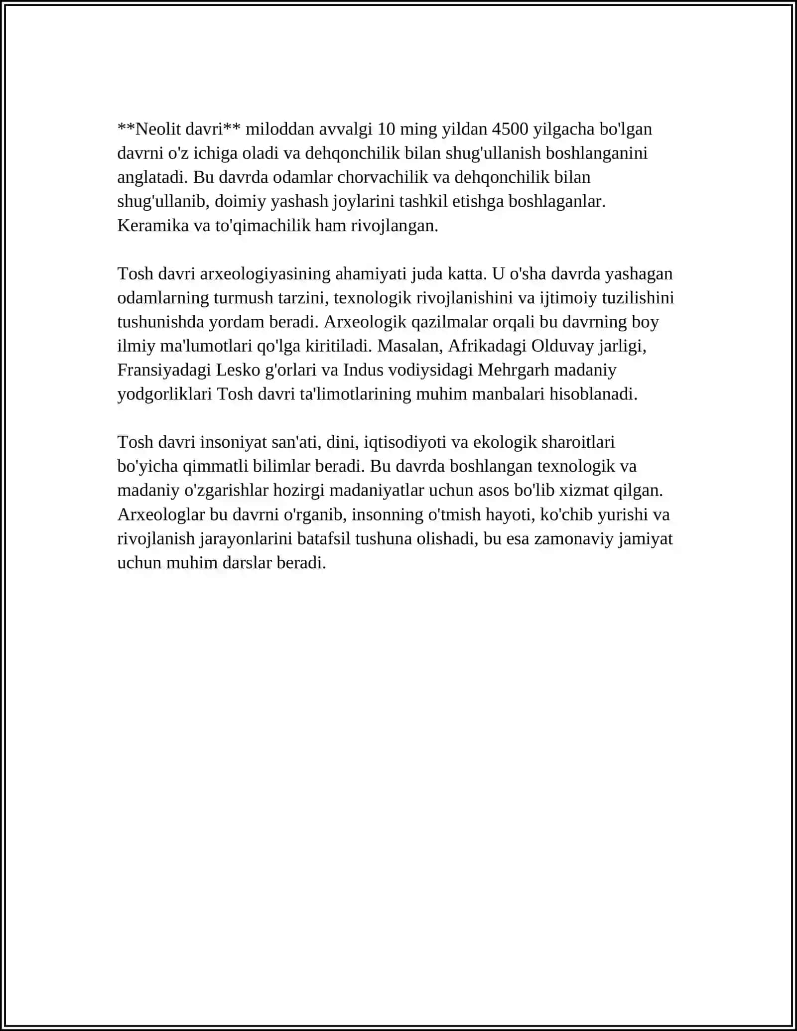 "O'LKAMIZDAGI TOSH DAVRIGA OID MANZILGOHLARDAN PALEOANTROPOLOGIK TOPILGAN TOPILMALAR" MAVZUSIDA REFERAT TAYYORLASH 4