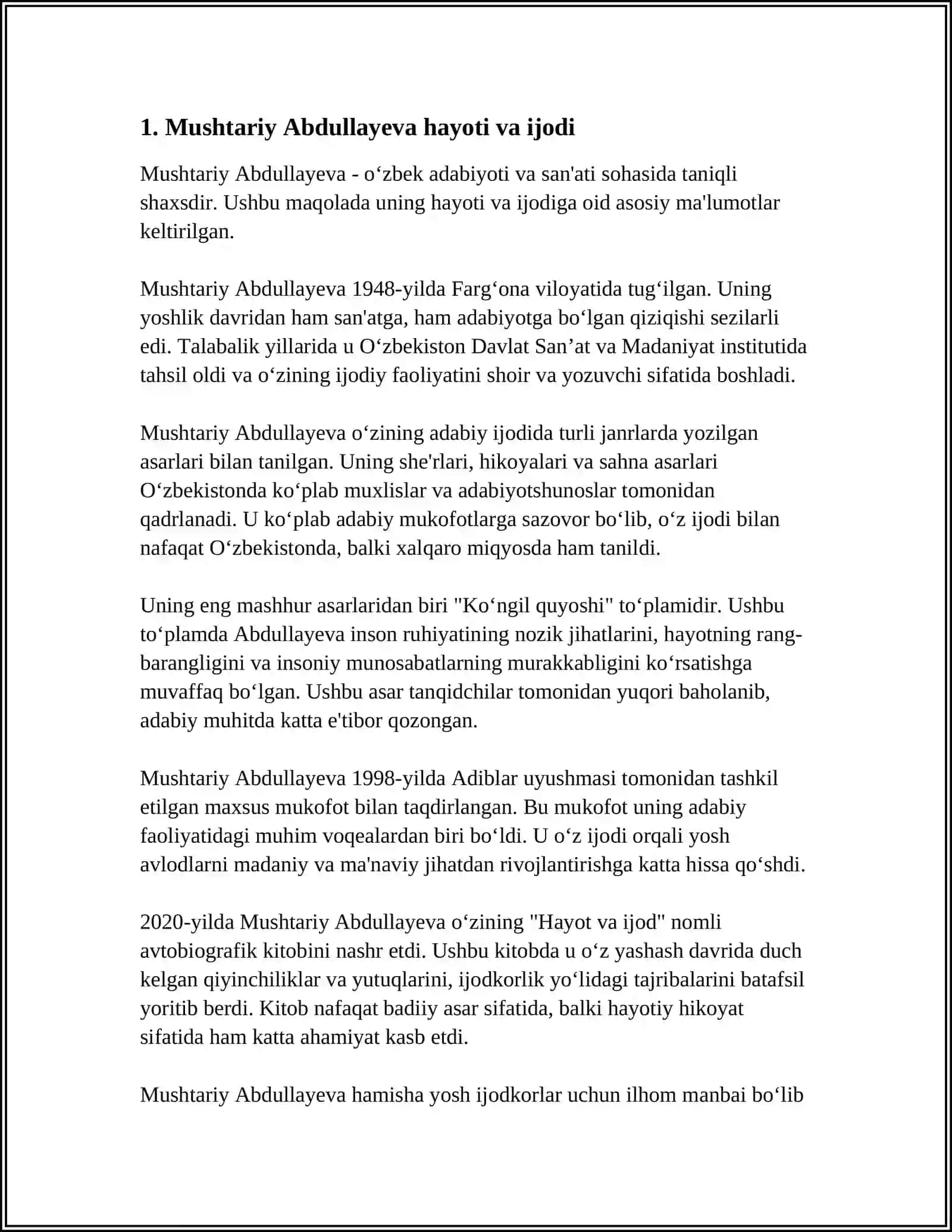 ABDULLAYEVA MUSHTARIY ZOKIR QIZI, 2 -KUSR, 123-GURUH 4