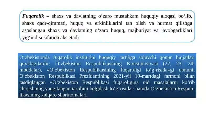 O‘zbekiston Respublikasining fuqaroligi. Shaxsiy huquq va erkinliklar 4
