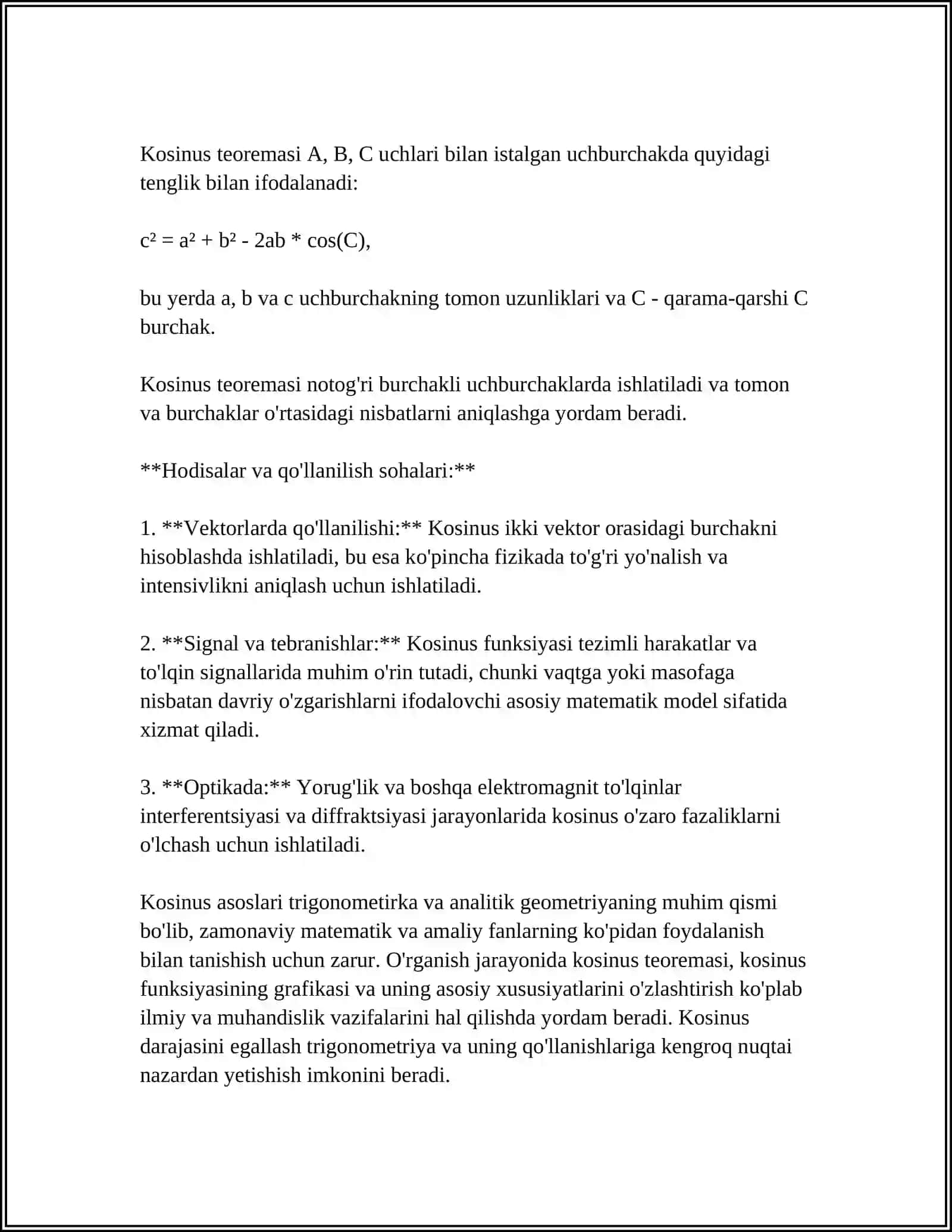 BURCHAK KOSINUSI BURCHAK SINUSI VA ULARNING HAYOTIMIZDA DUCH KELISHI 4