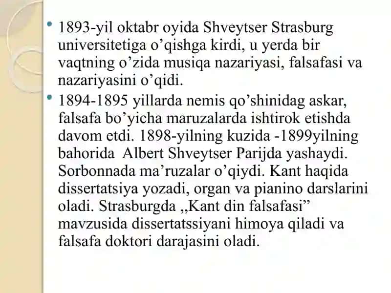 BIOETIKANING SHAKLLANISHIDA  A.SHVEYTSERNING FAOLIYATI VA ILMIY ISHLARINING AHAMIYATI 4