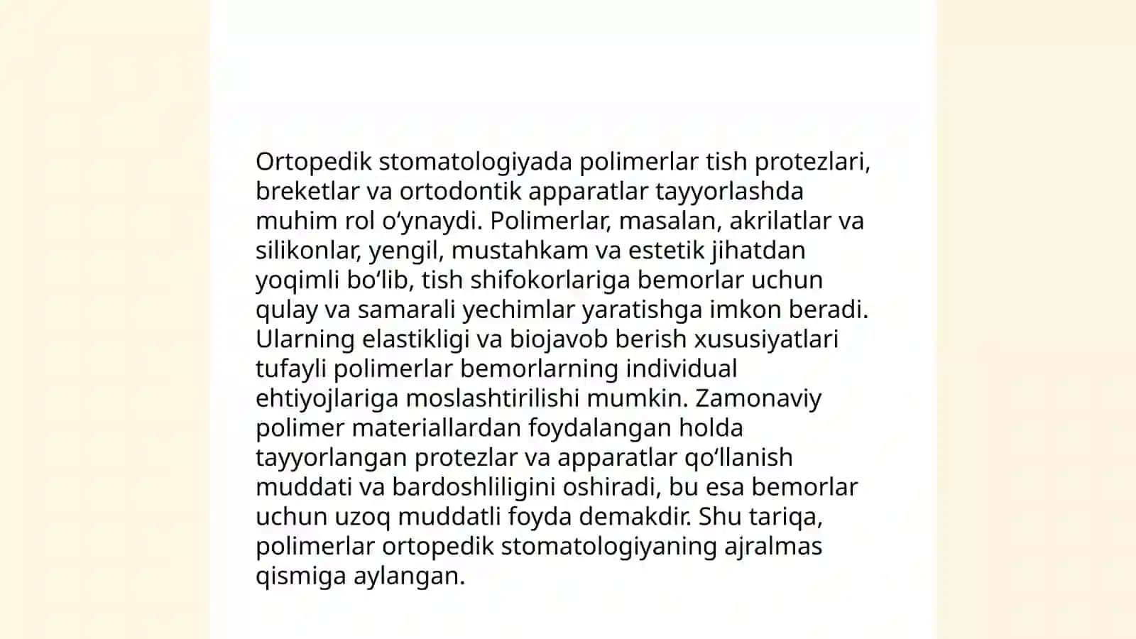 Polimerlar.Ortopedik stomotologiya amalyotida ishlatiladigan plasmassalar, ularning turlari 4