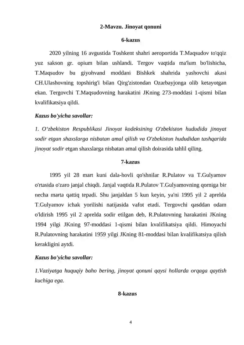 Jinoyat Huquqi (Umumiy Qism) Kazuslar To'plami 4