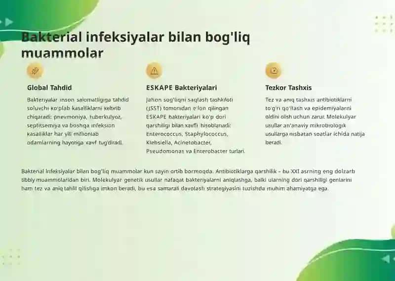 Bakteriyalarni tez tashxis qoʻyishda hozirgi zamon yondashuvlari, molekulyar genetik usullari. Polimeraza zanjiri reaktsiyasiga asoslangan 16S ribosomali RNK genini ketma-ketlashtirish, elektromigratsiya, xususan, kapillyar zona elektroforezi va kapillyarizoelektrik fokuslash usullari.. 4