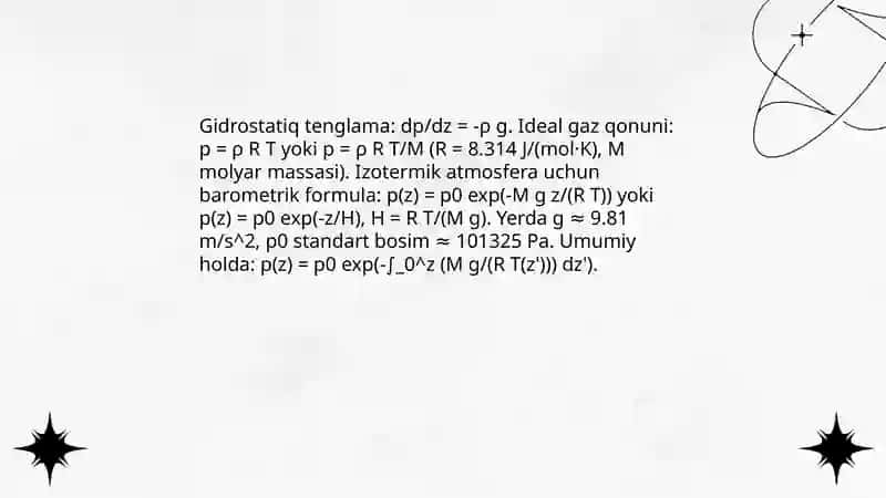 Atmosfera bosimi va balandlik: barometrik formula 4