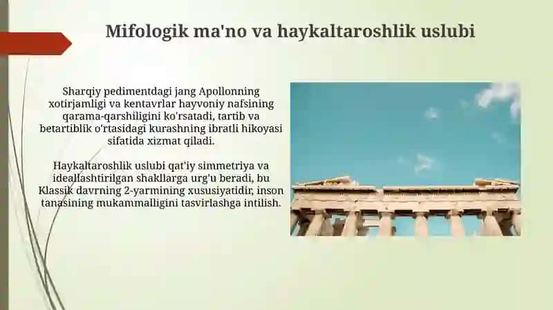 Ilk killasik davri olimpiada Zevs haykali ibodatxonasinig fraton qismining relyefi 4