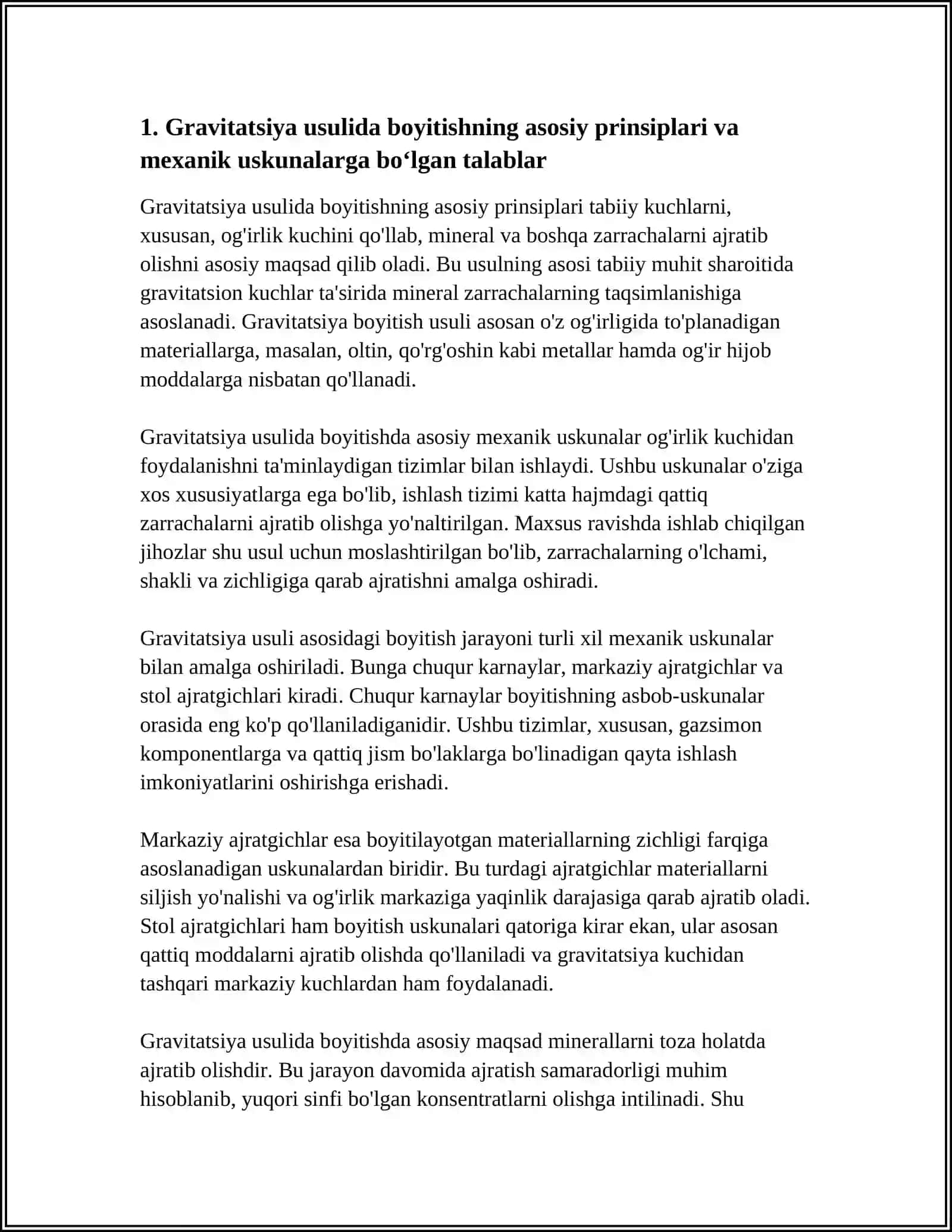GRAVITATSIYA USULIDA BOYITISH UCHUN MEXANIK USKUNALAR TUZILISHI, ISHLASH PRINSIPI VA QO'LLANILISHI SOHALARI 4
