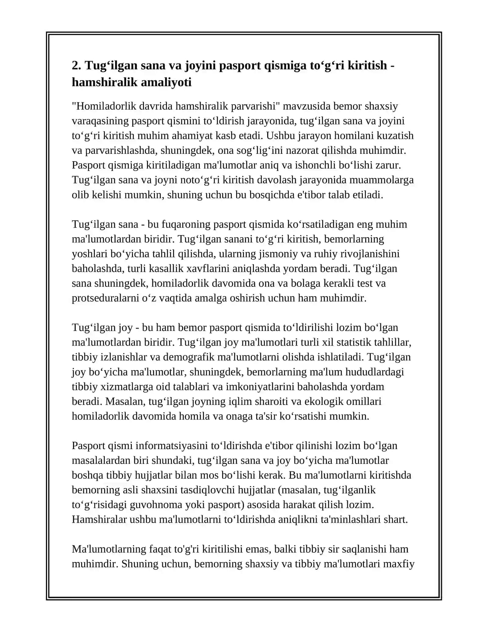HOMILADORLIK DAVRIDA HAMSHIRALIK PARVARISHI. BEMOR SHAXSIY VARAQASINING PASPORT QISMINI TOʻLDIRISH 4