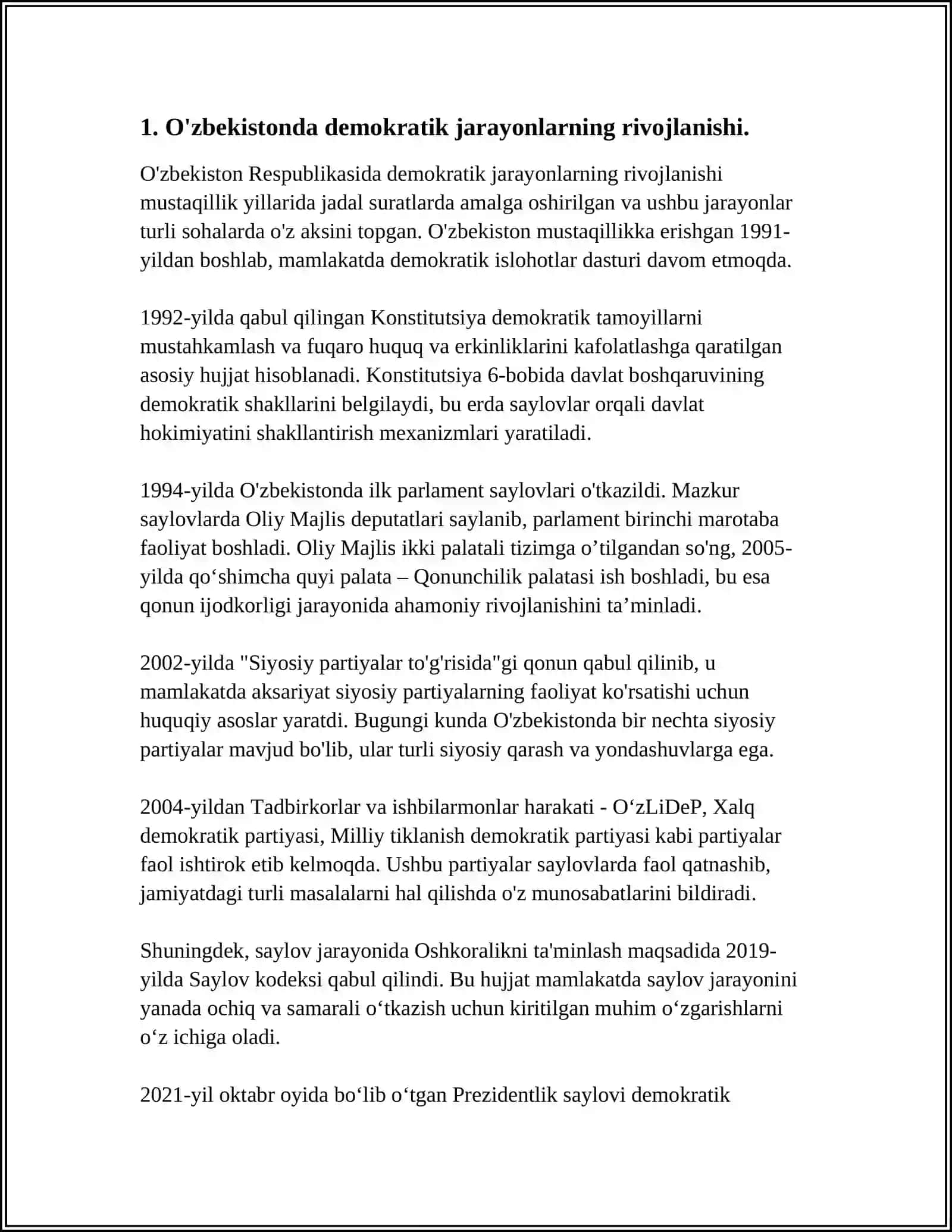 MUSTAQIL ISH Mavzu: OʻZBEKISTONDA DEMOKRATIK, FUQAROLIK JAMIYATI ASOSLARINING SHAKLLANISHI, AMALGA OSHIRILGAN SIYOSIY ISLOHOTLAR 4