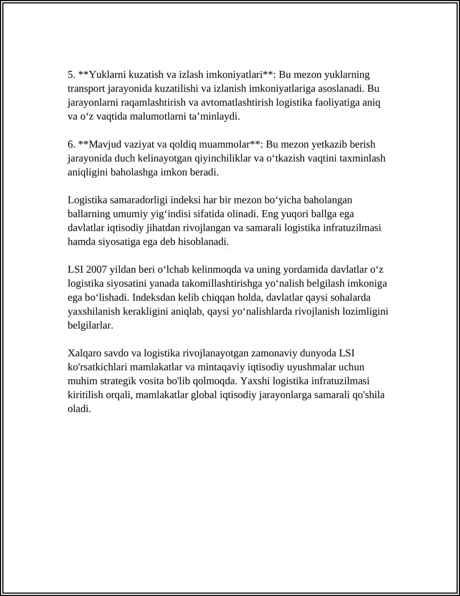 O‘ZBEKISTONNING “LOGISTIKA SAMARADORLIGI INDEKSI” DAGI O`RNI 4