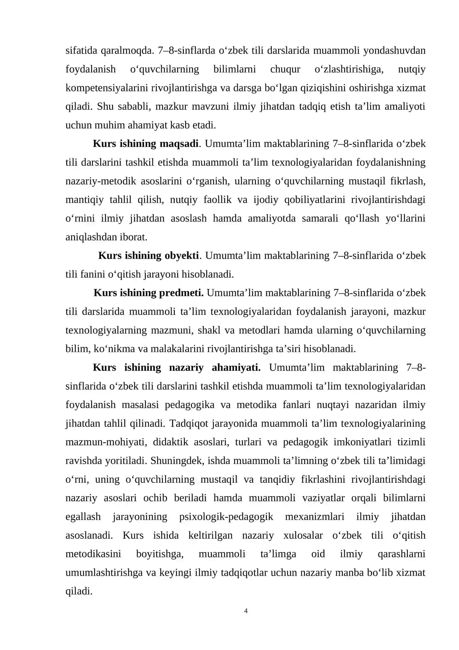 O`zbek tilini o`qitish metodikasi fanidan 4