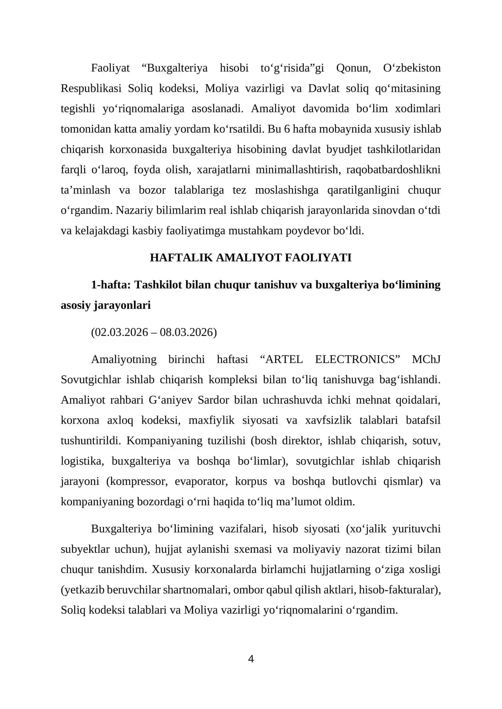 Sovutgichlar ishlab chiqarish kompleksi. mchj.Bitiruv Malakaviy Amaliyot Hisoboti 4