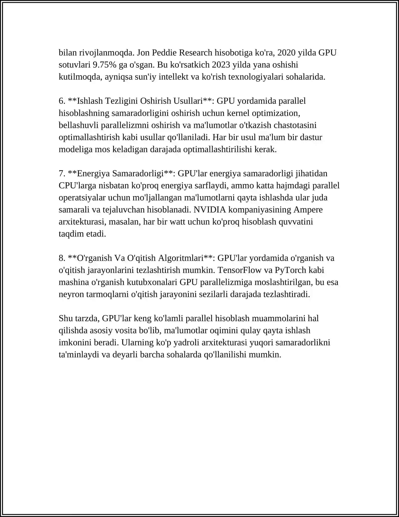 GPU VA ULARNING PARALLEL HISOBLASHDAGI ORNI:GPULARNING PARALLEL HISOBLASHDAGI AFZALLIKLARI VA QANDAY QOLLANILISHI 4