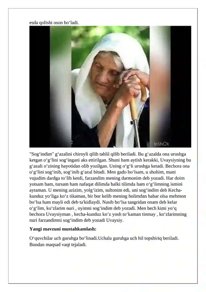 Jahon Otin Uvaysiyning "Sog'indim" radifli g'azali matni ustida ishlash 4