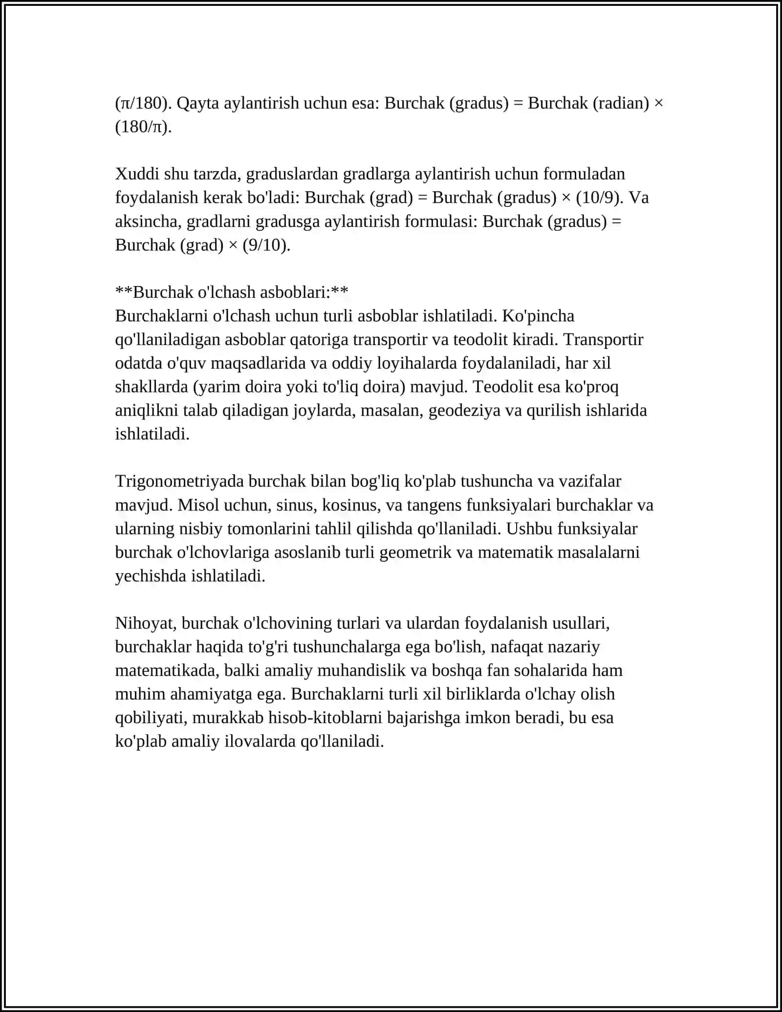 Burchak o'lchov turlari 4