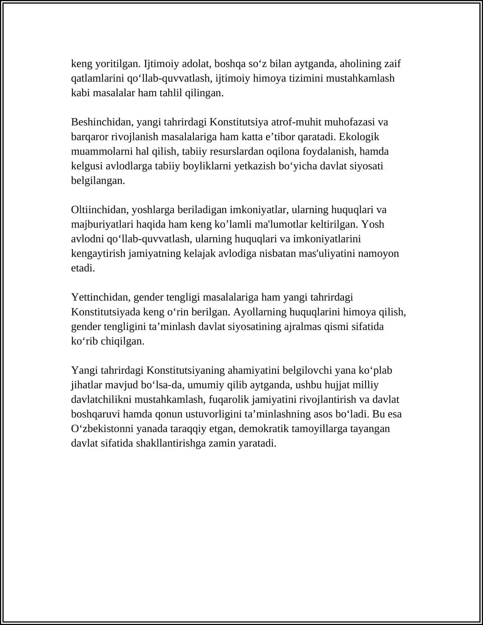 YANGI TAHRIRDAGI KONSTITUTSIYANING ZARURATI AHAMIYATI VA JAMIYAT HAYOTIDAGI OʻRNI 4