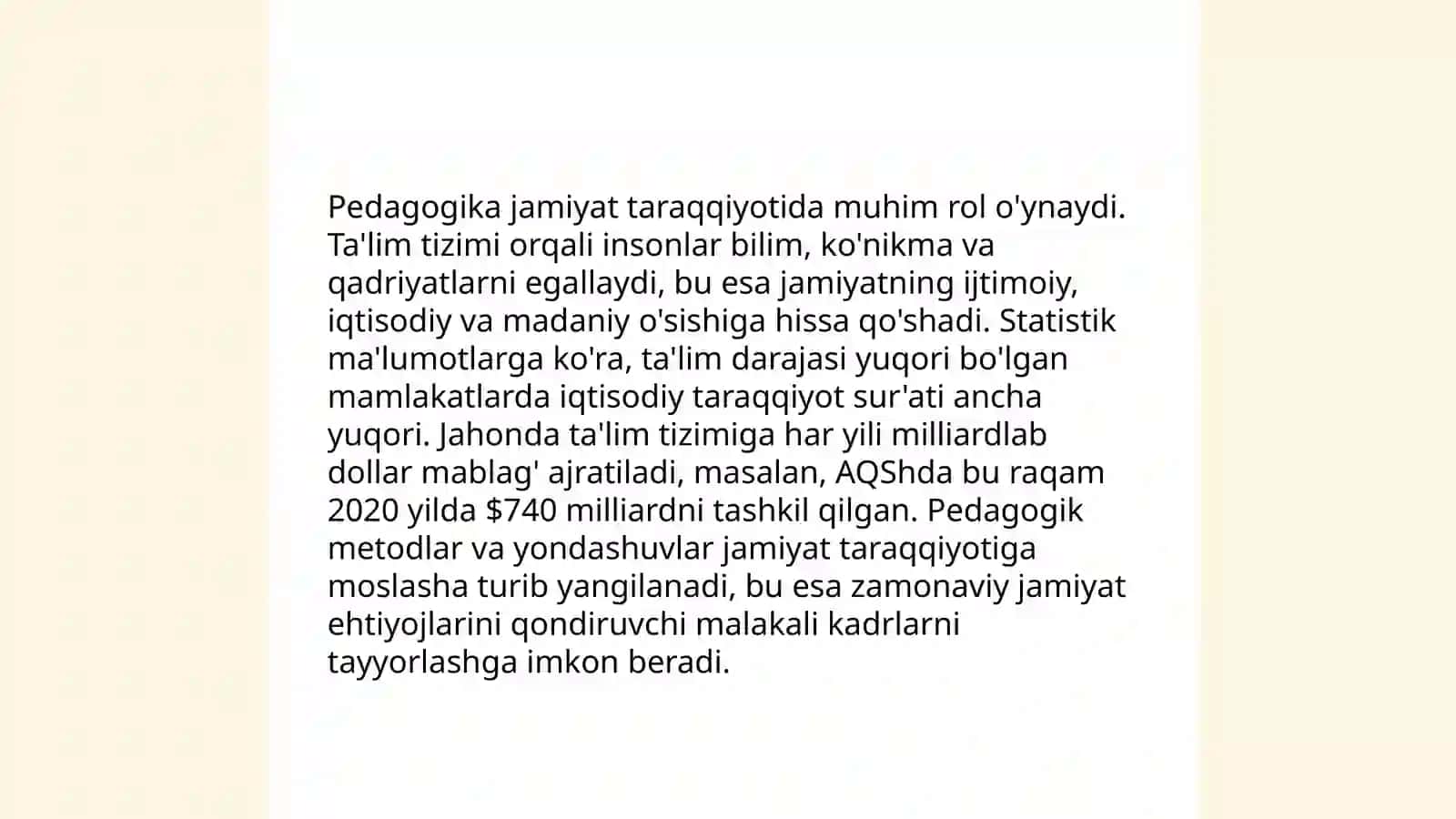 Ta’lim- O’zbekiston Respublikasi rivojlanishiningustuvor yo’nalishi sifatida..Pedagogikaning ijtimoiy fan sifatida jamiyat taraqqiyotidagi o’rni 4