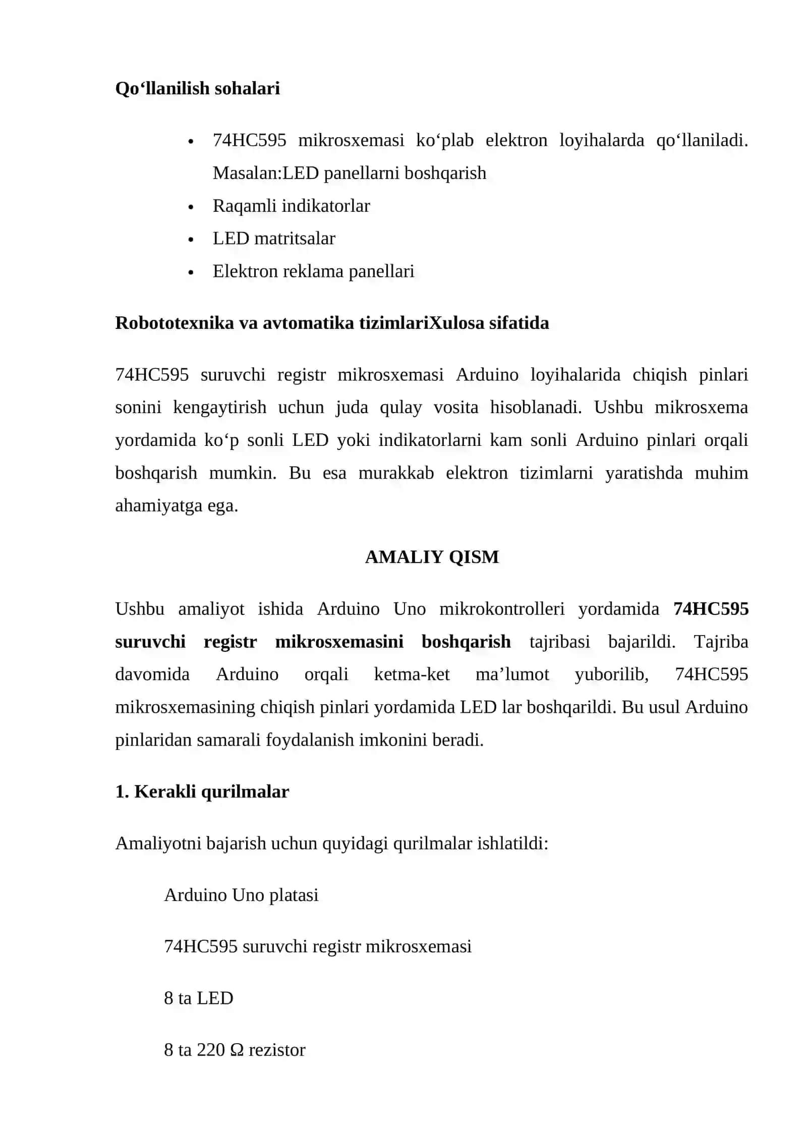 74HC595 suruvchi registr mikrosxemasi boshqarish 4
