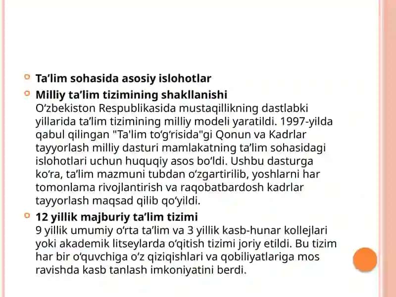 «MustaqillikyillaridaO'zbekistonRespublikasidata'limsohasidaamalgaoshirilgano'zgarishlar.» 4