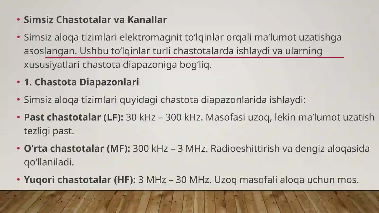 Simsiz chastotalar va kanallar. Uyali aloqa. Tezlik, tarmoqli kengligi va masofa. Antennaning ko'rsatkichlari va qamrovi. Simsiz qurilmalar o'rtasidagi aloqa 4