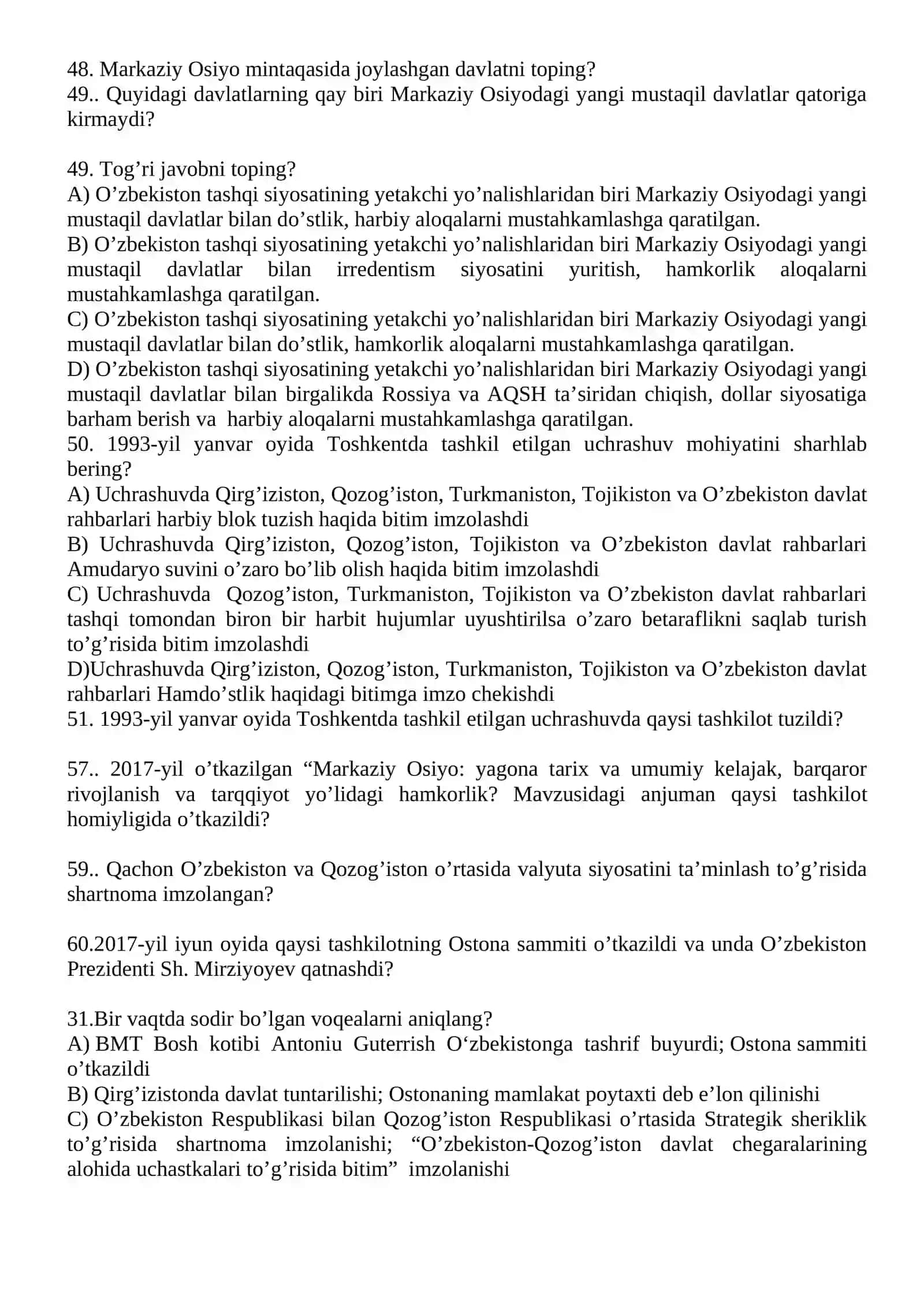 O‘zbekistonning eng yangi tarixi fanidan yakuniy nazorat savollari 4