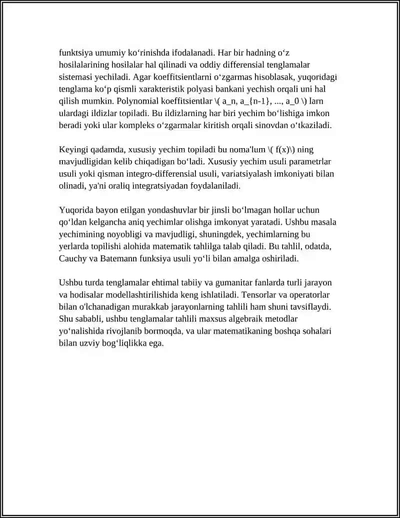 Birlashmagan n-tartibli chiziqli o'zgarmas koeffisientli differensial tenglamalar 4