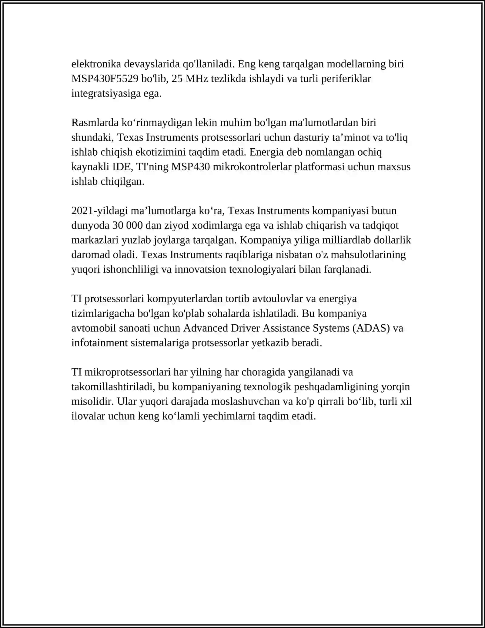 YIRIK ISHLAB CHIQARUVCHI KOMPANIYALARNING MIKROPROTSESSORLARI (TEXAS INSTRUMENTS, MOTOROLA, ANALOG DEVICES) 4