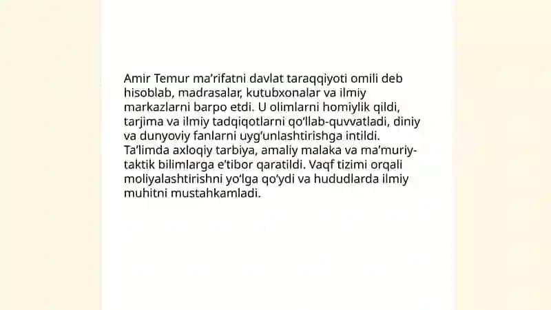 Mirzo Ulugʻbekning, Amir Temurning pedagogik gʻoyalari va maʼrifatlik faoliyati 4