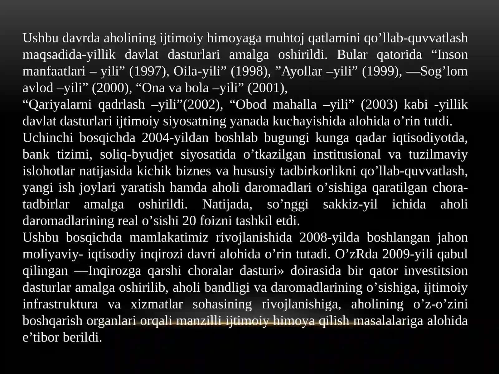 O‘ZBEKISTON RESPUBLIKASIDAGI IJTIMOIY SOHADAGI ISLOHOTLAR. 4
