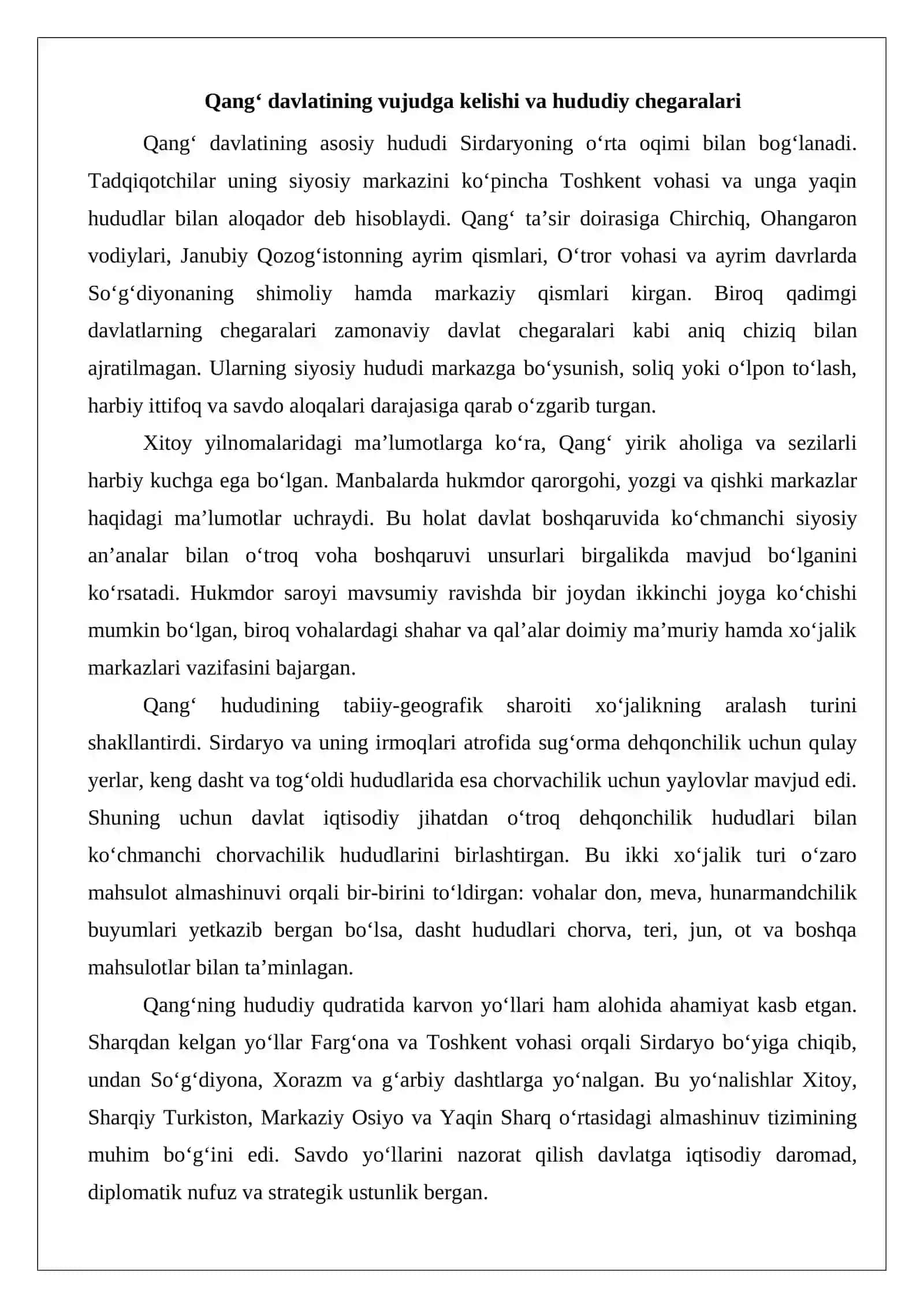 Qang‘ davlati hududi va boshqaruv tizimi. Kushon davlati (podsholigida) xo‘jalik bos 4
