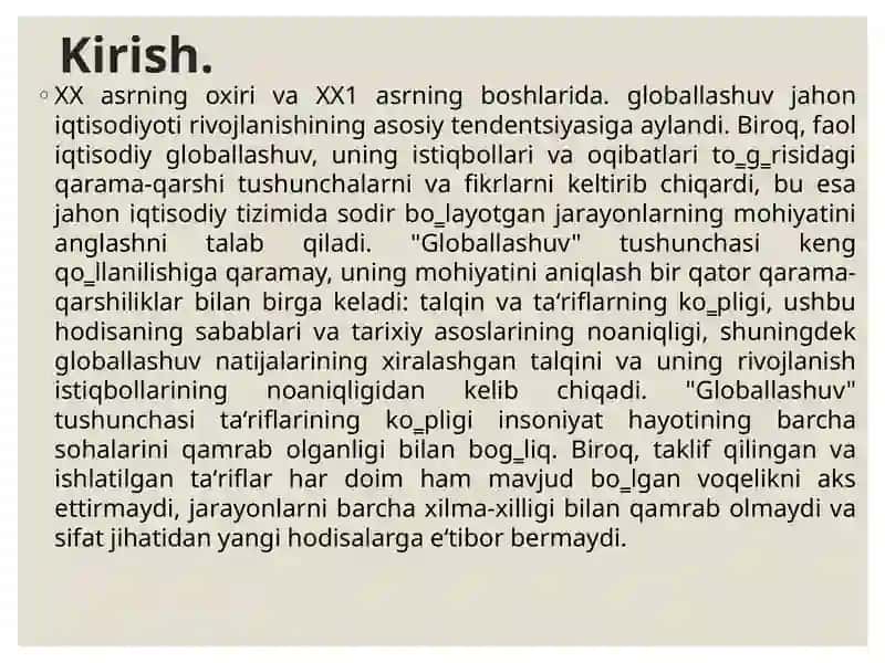 Jahon iqtisodiyotni globallashuvi kontseptsiyalarining shakllanishi, rivojlanish bosqichlari va yo‘nalishlari 4