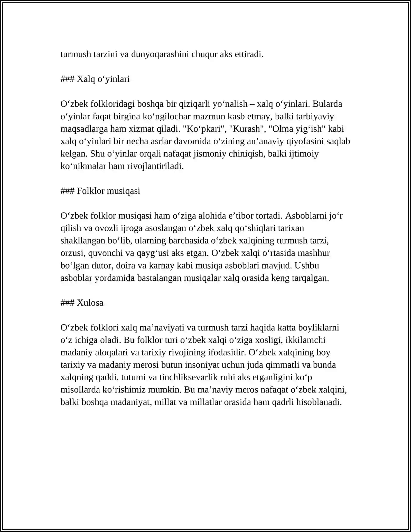 OʻZBEK FOLKLORINING JANRLAR TIZIMI HAQIDAGI MATERIAL TOʻPLASH VA TAHLIL QILISH 4