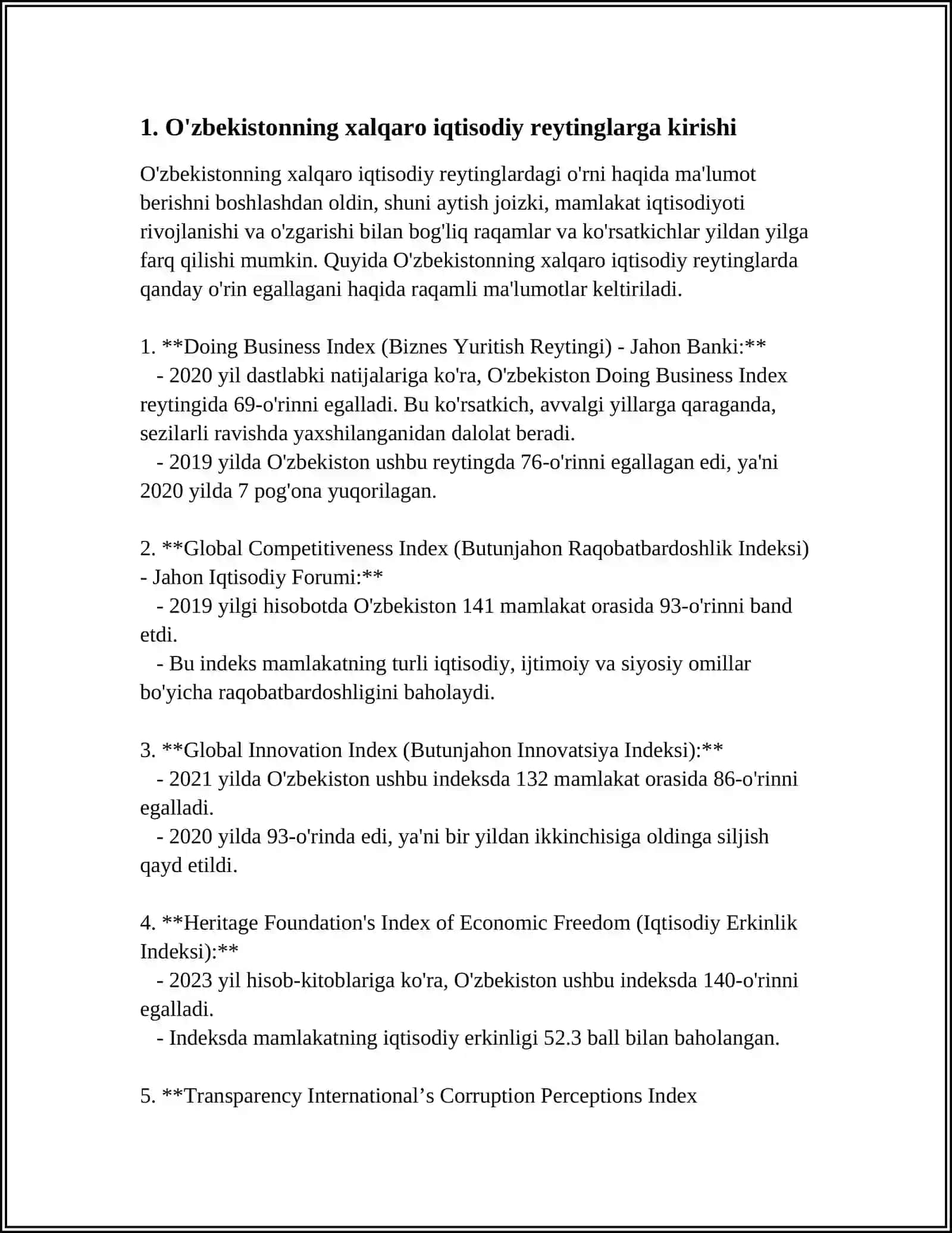 IQTISODIY VA IJTIMOIY SOHADAGI USTUVOR XALQARO REYTINGLAR VA ULARGA OʻZBEKISTONNING INTEGRATSIYALASHUVI 4