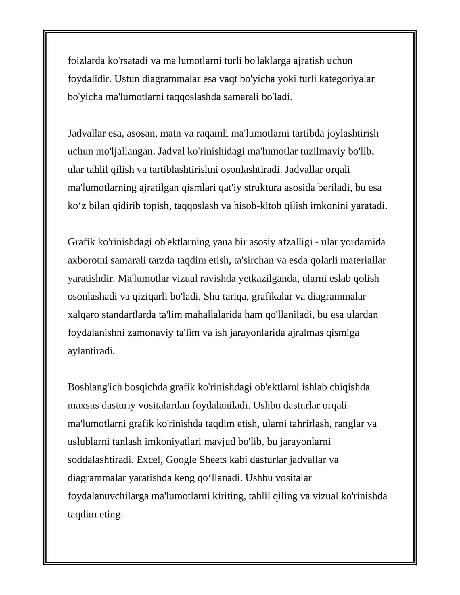 GRAFIK KO'RINISHDAGI OB'EKTLAR USTIDA ISHLASH. SODDA GRAFIKLAR, DIAGRAMMALAR, JADVALLAR 4