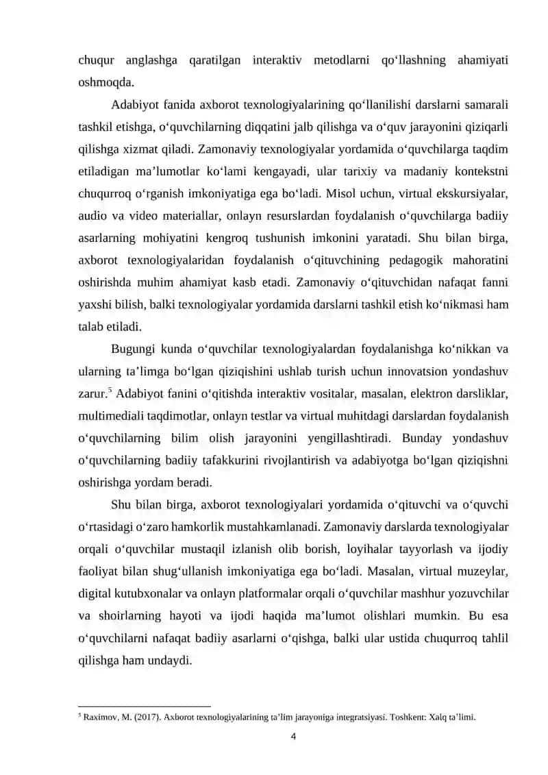 Adabiyot fanini òqitishda axborot texnologiyalaridan foydalanish pedagogik mahoratni oshirish omili 4