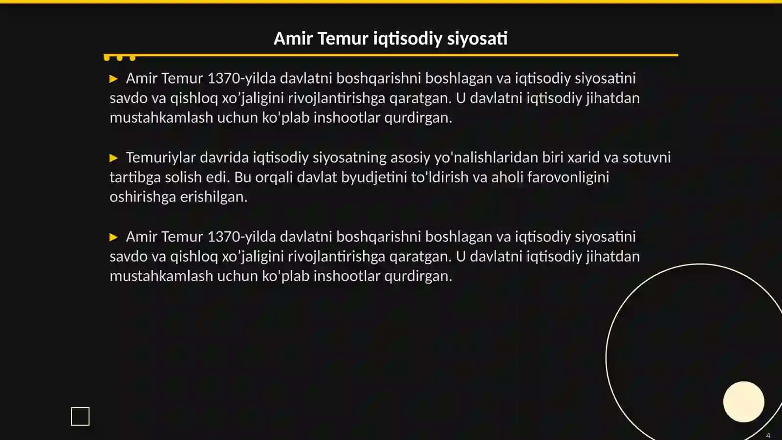O’rta Osiyoda Temuriylar davrigacha va Amir Temur va Temuriylar davridagi iqtisodiy g’oyalar va iqtisodiy siyosat 4