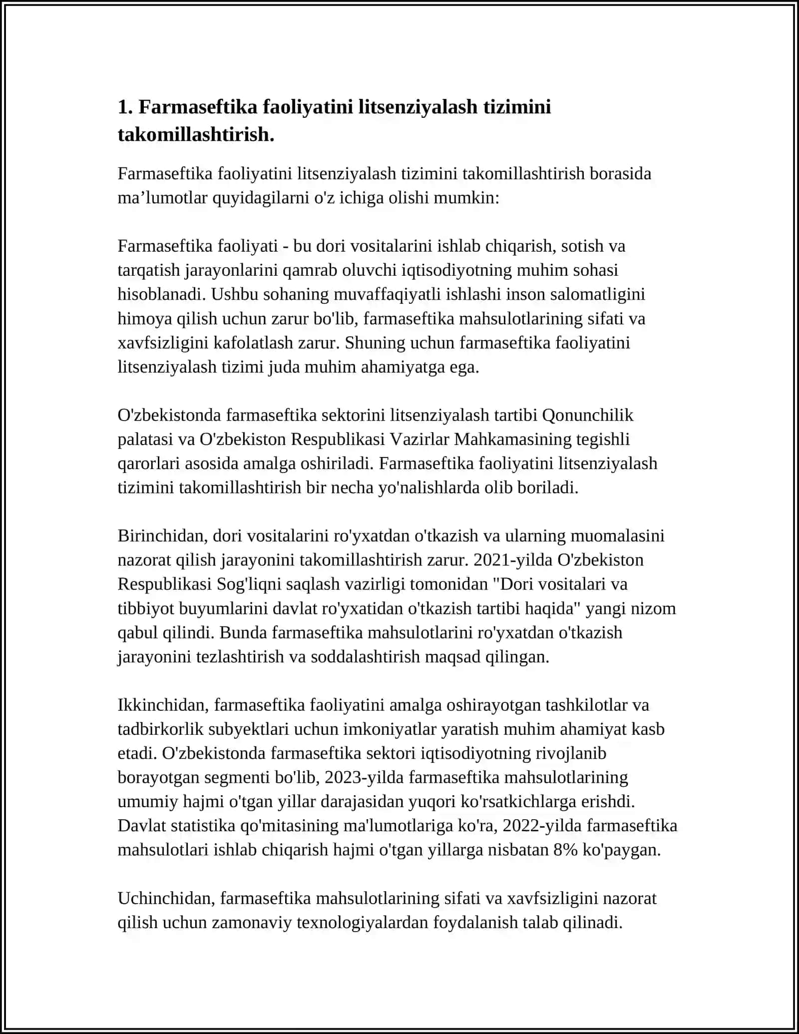 FARMASEFTIKA FAOLIYATINI LITSENZIYALASH TARTIBINI YANADA TAKKOMILLASHTIRISH TOʻGʻRISIDA CHORA TADBIRLAR 4