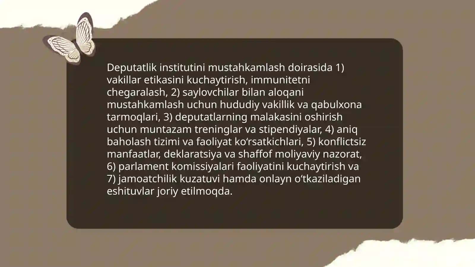 O'zbekistonda parlament tizimi va undagi islohatlar.Huquq-tartibot organlari va sud tizimidagi 4