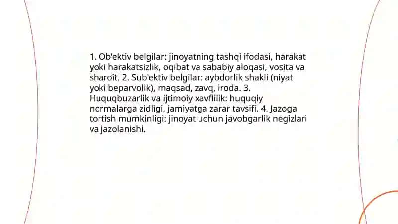 Jinoyat tushunchasi. Jinoyat tasniflash. Jinoyat uchun javobgarlik va uning asoslari 4