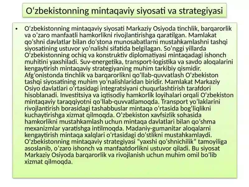 O'zbekistonning Makaziy Osiyoda tinchlik va bargarorlikni ta minlashdagi o'rni 4