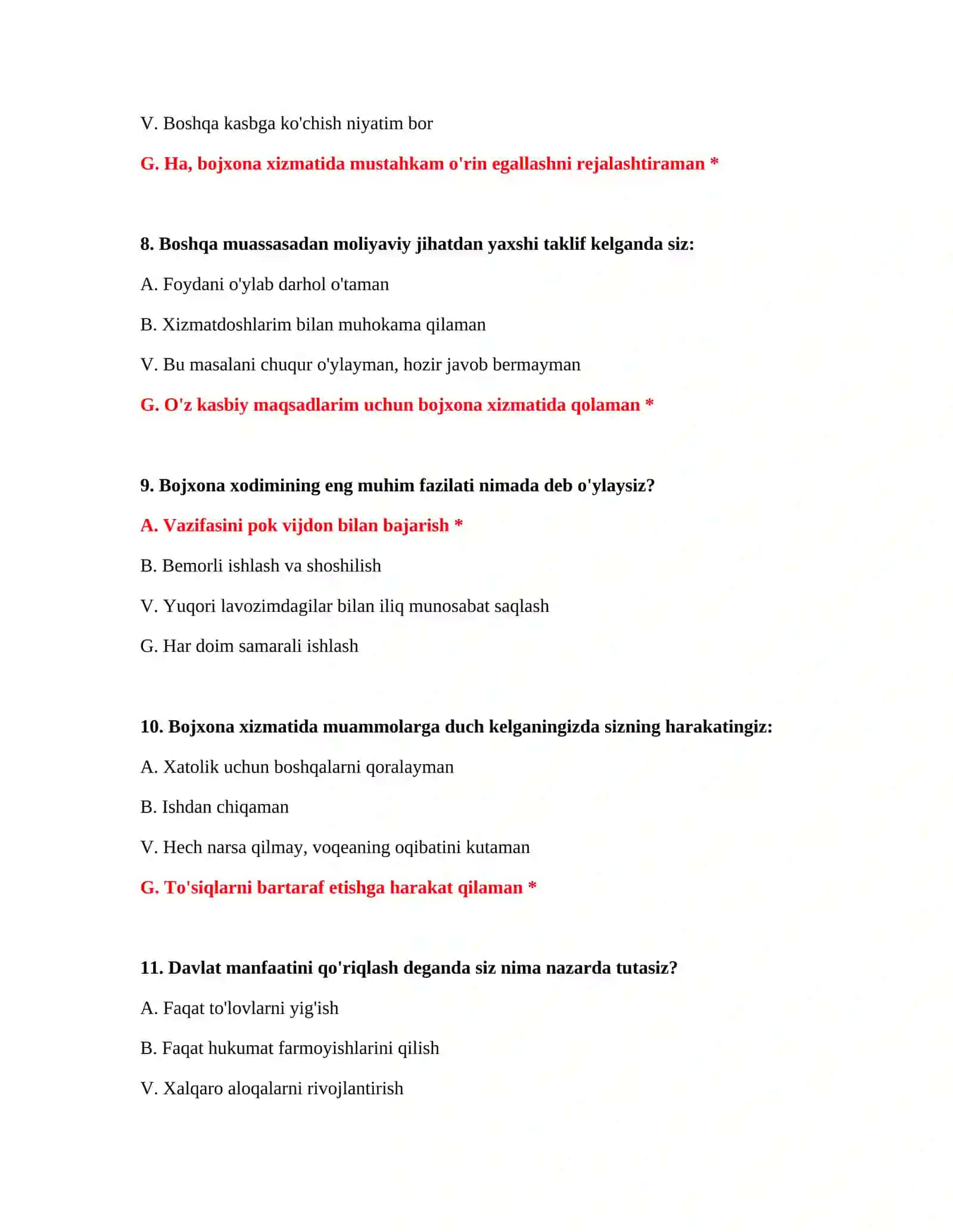 BOJXONA KASBIY TANLOVI BO'YICHA TO'LIQ PSIXOTESTLAR JAVOBLARI 4